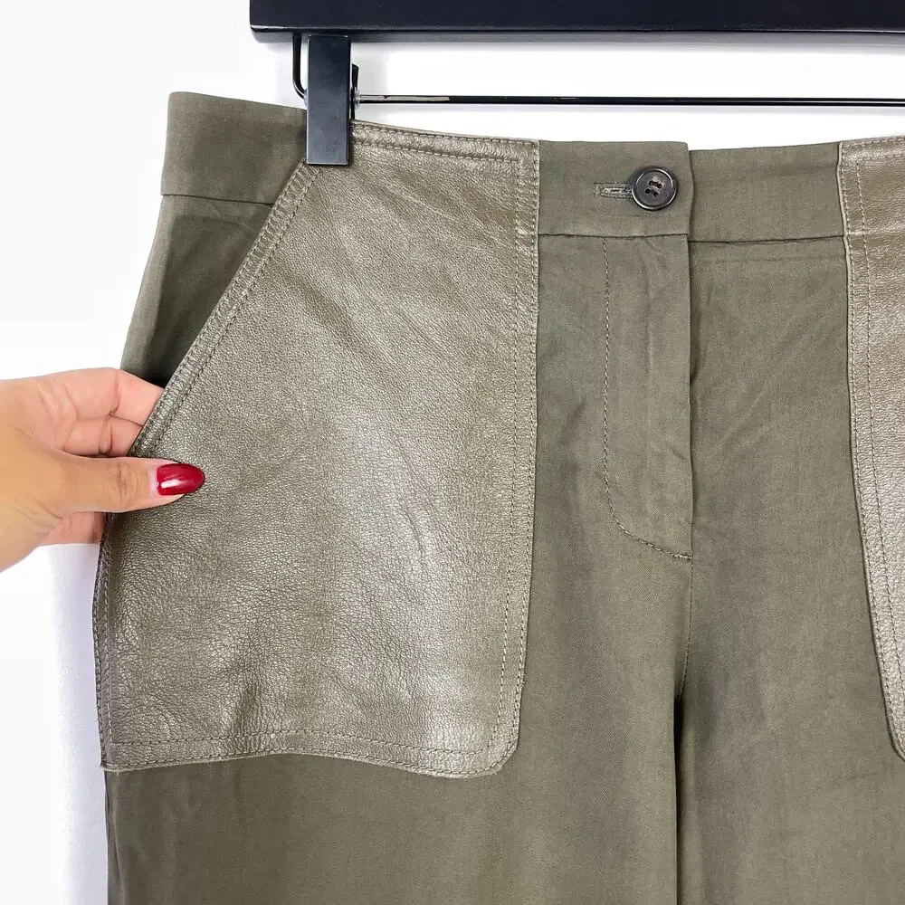 J.Crew Collection Womens High Rise Pants Leather Pockets Green Slim Ankle - 6